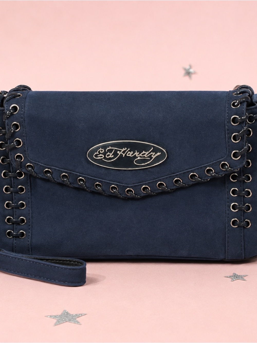Ed Hardy Royal Blue Suede Lace-Up Shoulder Bag Y2K Corset Purse
